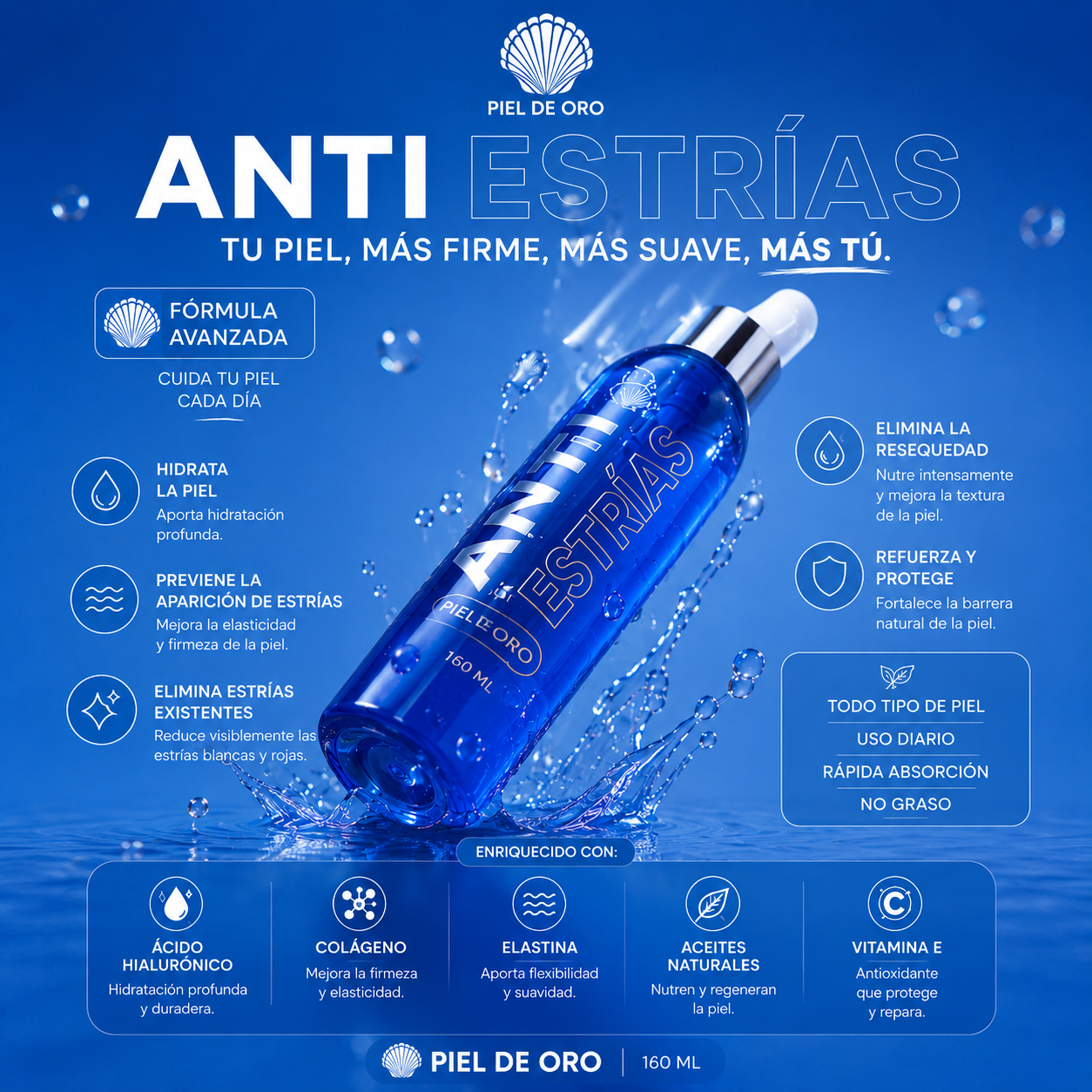 Aceite Anti Estrías Piel de Oro – Reduce, Regenera e Hidrata